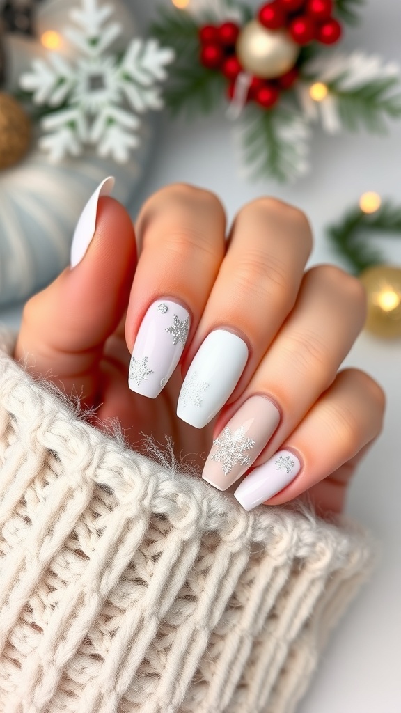 Elegant white Christmas nails with snowflakes and glitter accents.